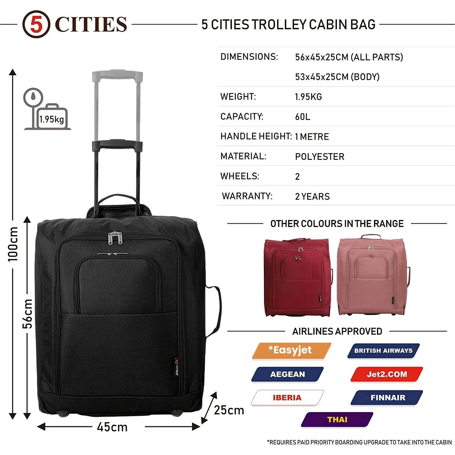 5 Cities Easyjet, British Airways, Jet2 56X45X25Cm Maximaler Handgepäck mit Kabinenzertifikat, Koffer, 56 cm, 60 Liter, Schwarz