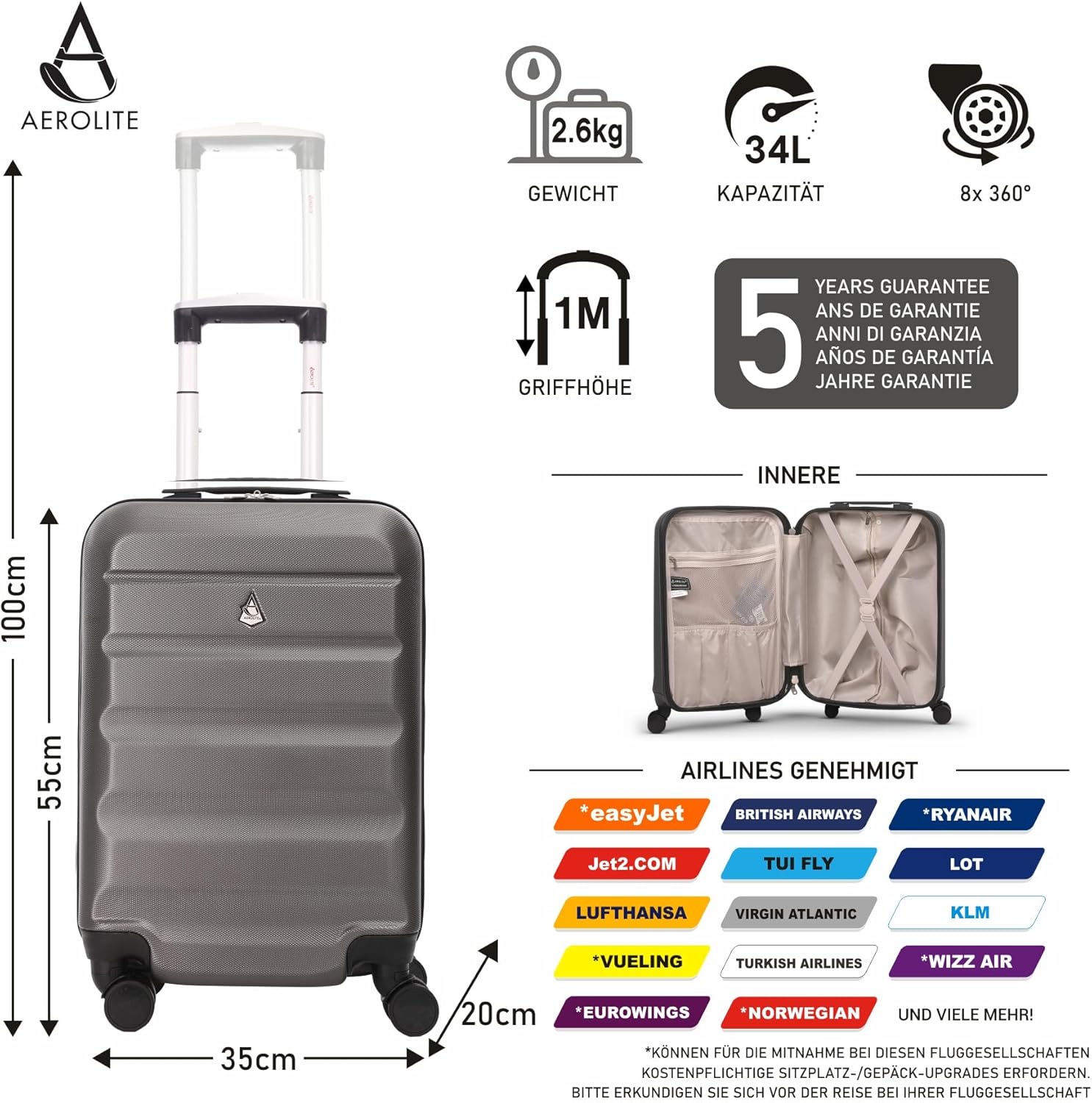 Aerolite Leichter 55x35x20cm ABS Hartschale 4 Rollen Handgepäck Trolley Koffer Bordgepäck Gepäck für Lufthansa, Eurowings, TUIfly, Ryanair, Easyjet, SunExpress und viele mehr