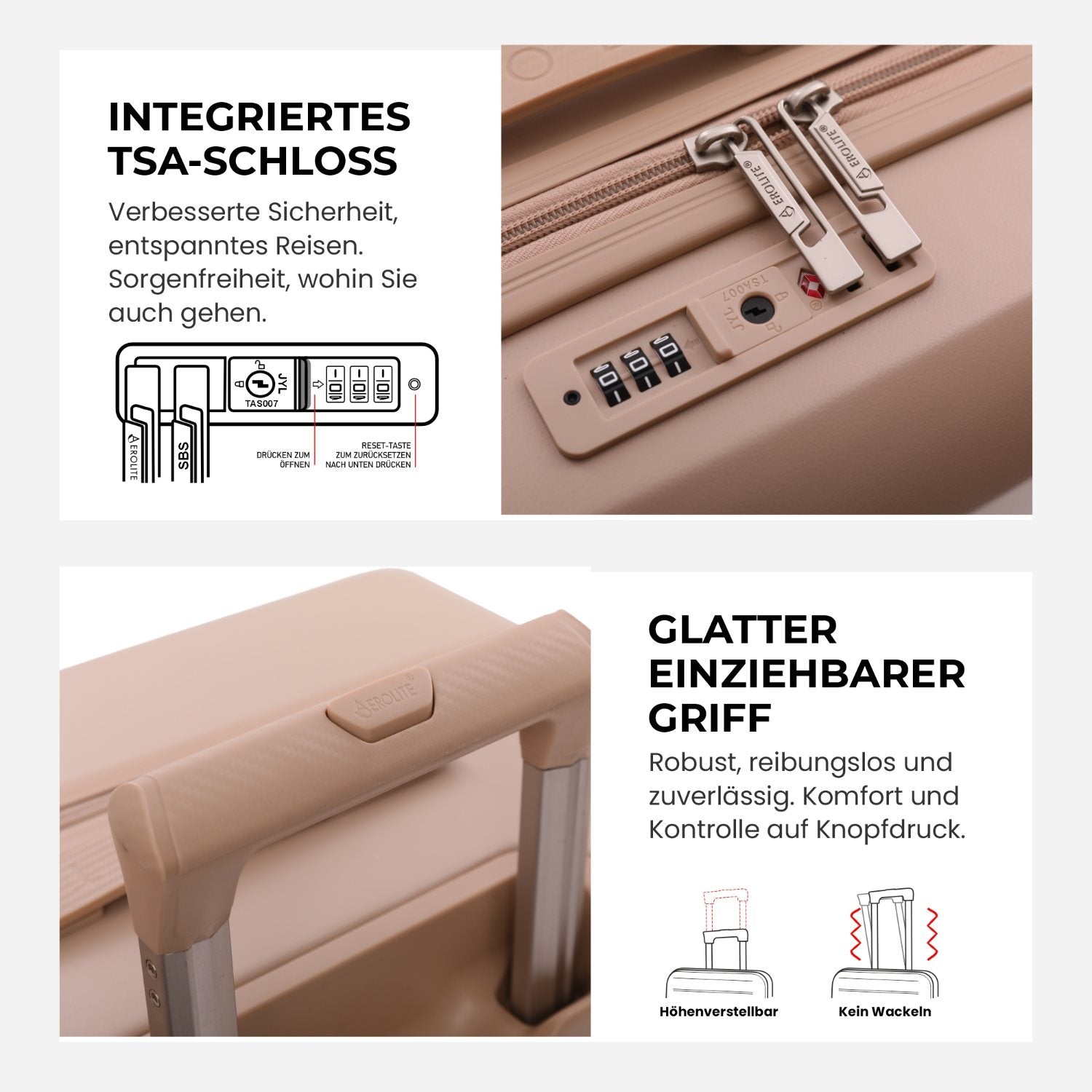 Aerolite Erweiterbares Handgepäck 55x40x20 cm auf 55x40x23 cm – Ryanair Priority, Lufthansa, Wizz Air Priority, Lufthansa Maximalgröße – Leichter Hartschalen-Kabinenkoffer mit 4 Rollen (BEIGE)