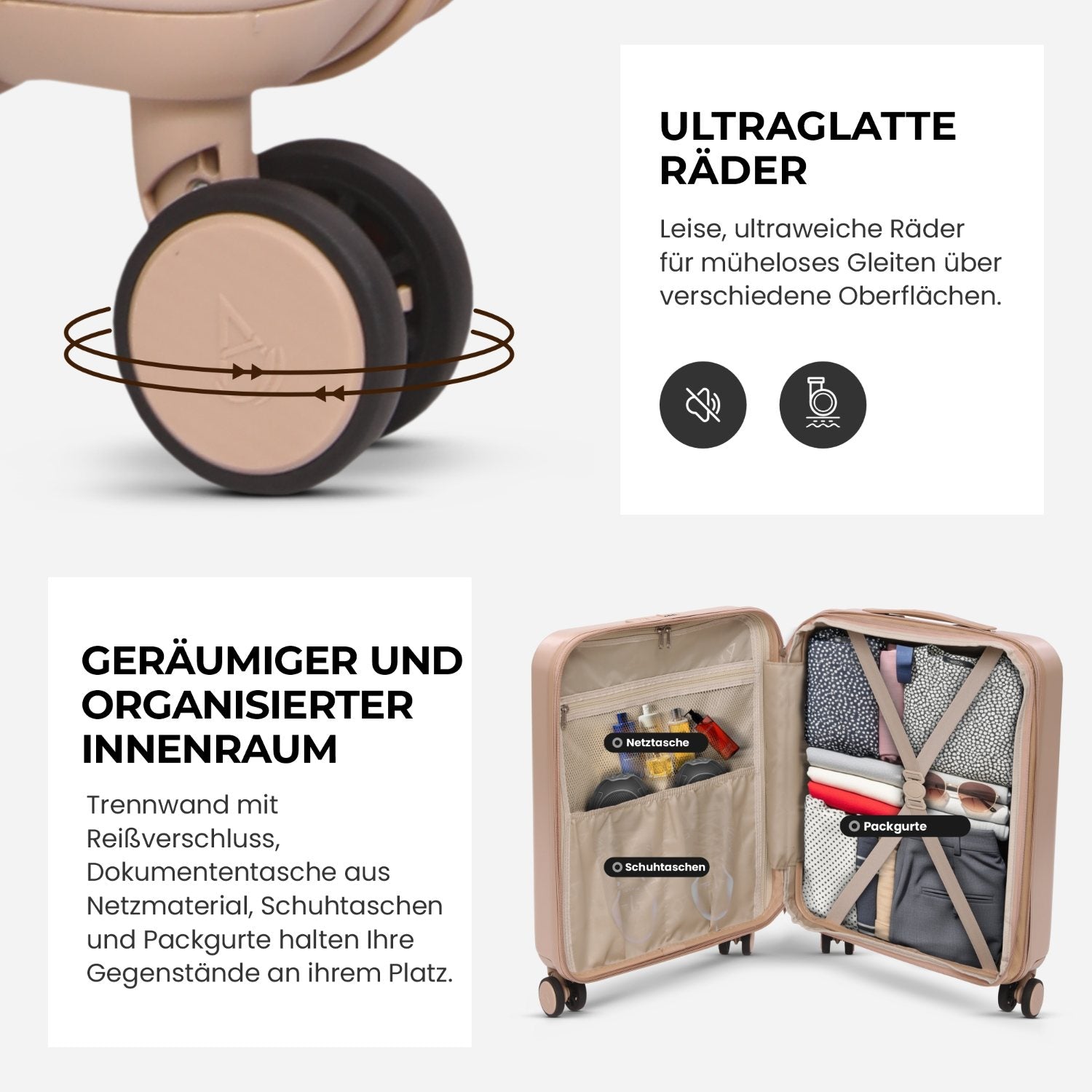 Aerolite Erweiterbares Handgepäck 55x40x20 cm auf 55x40x23 cm – Ryanair Priority, Lufthansa, Wizz Air Priority, Lufthansa Maximalgröße – Leichter Hartschalen-Kabinenkoffer mit 4 Rollen (BEIGE)