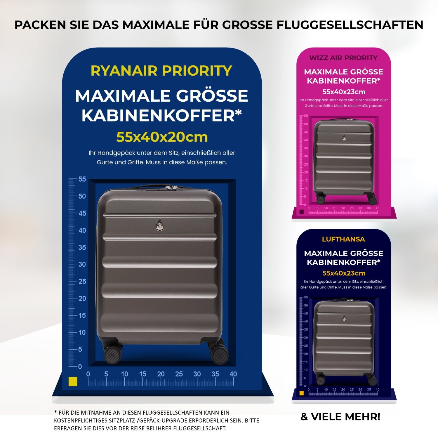 Aerolite Erweiterbares Handgepäck 55x40x20 cm auf 55x40x23 cm – Ryanair Priority, Lufthansa, Wizz Air Priority, Lufthansa Maximalgröße – Leichter Hartschalen-Kabinenkoffer mit 4 Rollen (HOLZKOHLE)