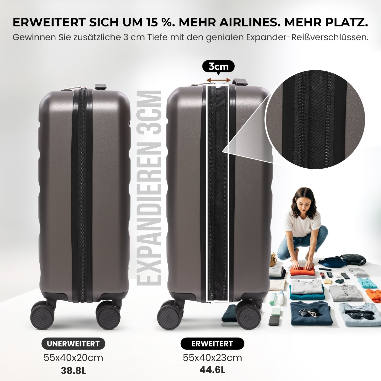 Aerolite Erweiterbares Handgepäck 55x40x20 cm auf 55x40x23 cm – Ryanair Priority, Lufthansa, Wizz Air Priority, Lufthansa Maximalgröße – Leichter Hartschalen-Kabinenkoffer mit 4 Rollen (HOLZKOHLE)