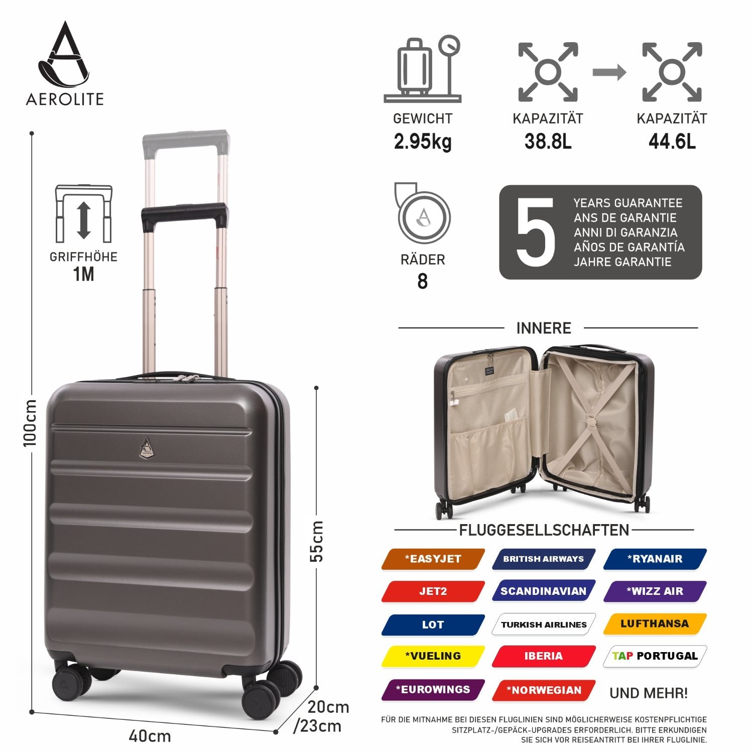 Aerolite Erweiterbares Handgepäck 55x40x20 cm auf 55x40x23 cm – Ryanair Priority, Lufthansa, Wizz Air Priority, Lufthansa Maximalgröße – Leichter Hartschalen-Kabinenkoffer mit 4 Rollen (HOLZKOHLE)