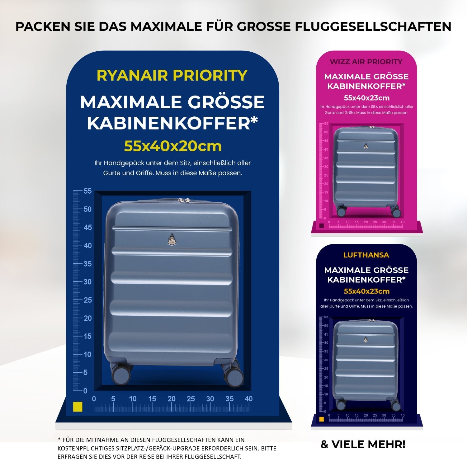 Aerolite Erweiterbares Handgepäck 55x40x20 cm auf 55x40x23 cm – Ryanair Priority, Lufthansa, Wizz Air Priority, Lufthansa Maximalgröße – Leichter Hartschalen-Kabinenkoffer mit 4 Rollen (BLAU)