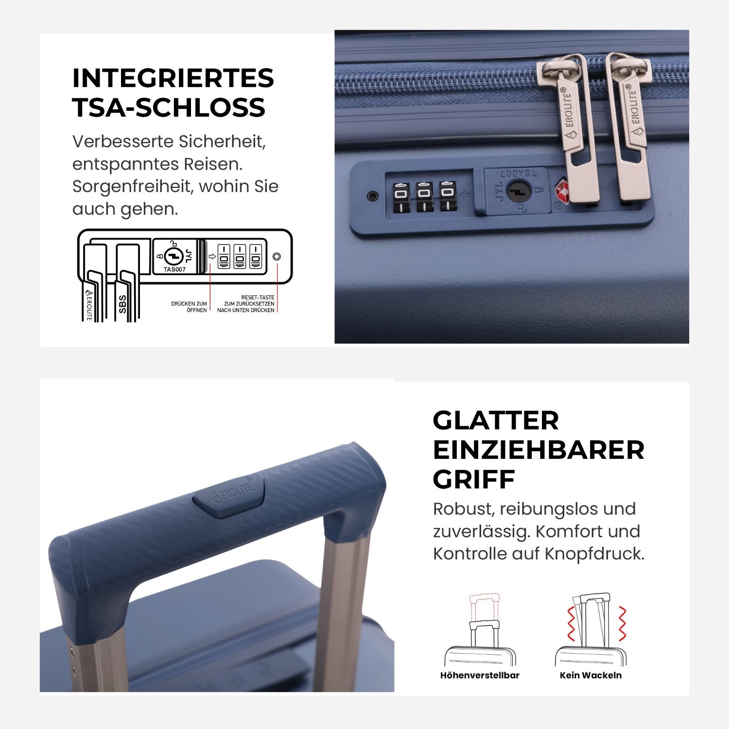 Aerolite Erweiterbares Handgepäck 55x40x20 cm auf 55x40x23 cm – Ryanair Priority, Lufthansa, Wizz Air Priority, Lufthansa Maximalgröße – Leichter Hartschalen-Kabinenkoffer mit 4 Rollen (BLAU)