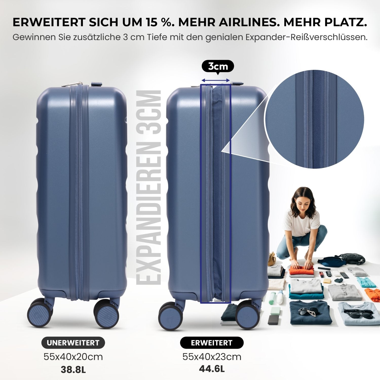 Aerolite Erweiterbares Handgepäck 55x40x20 cm auf 55x40x23 cm – Ryanair Priority, Lufthansa, Wizz Air Priority, Lufthansa Maximalgröße – Leichter Hartschalen-Kabinenkoffer mit 4 Rollen (BLAU)