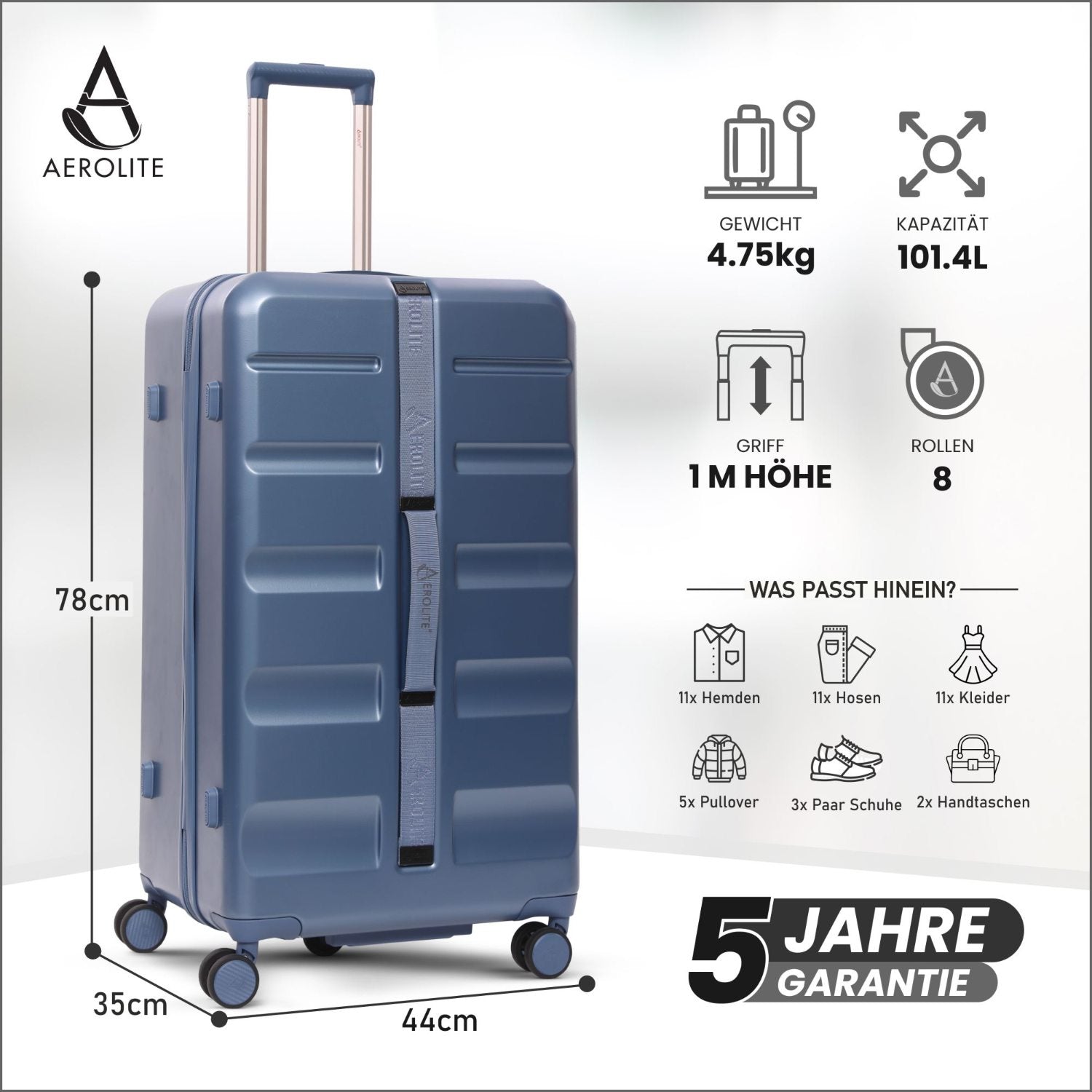 Aerolite 101L Großer Truhenkoffer mit 4+1 Spinner-Rädern, ABS-Hartschale, TSA-Schloss und leichtem Design – Blau