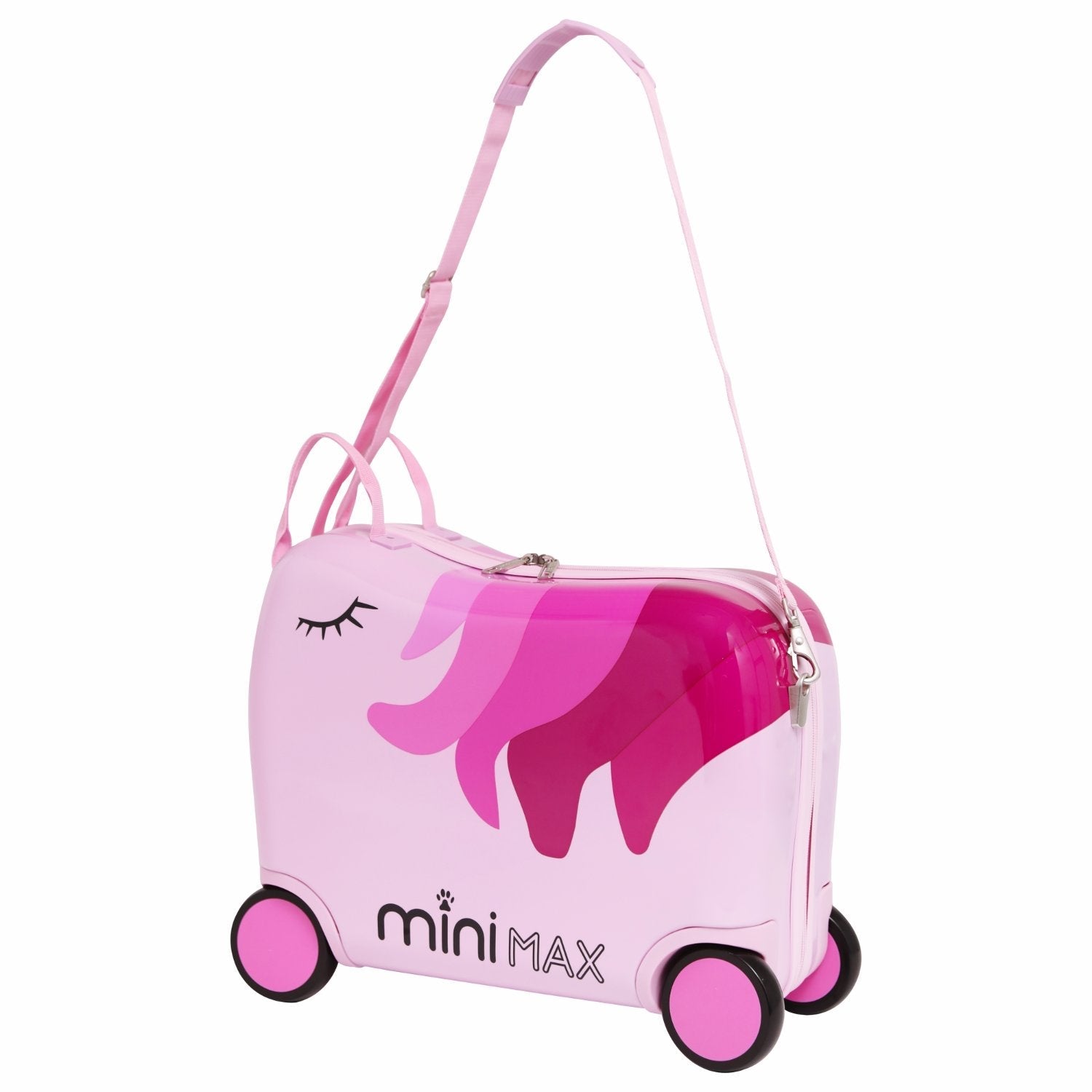 MiniMax Kinder-Ride-On-Koffer 45x36x20cm – Einhorn-Design – 4-teiliges Reiseset mit Kordelzugbeutel, Nackenkissen & 50+ Stickern – EasyJet Max Handgepäckgröße 29L Trolley