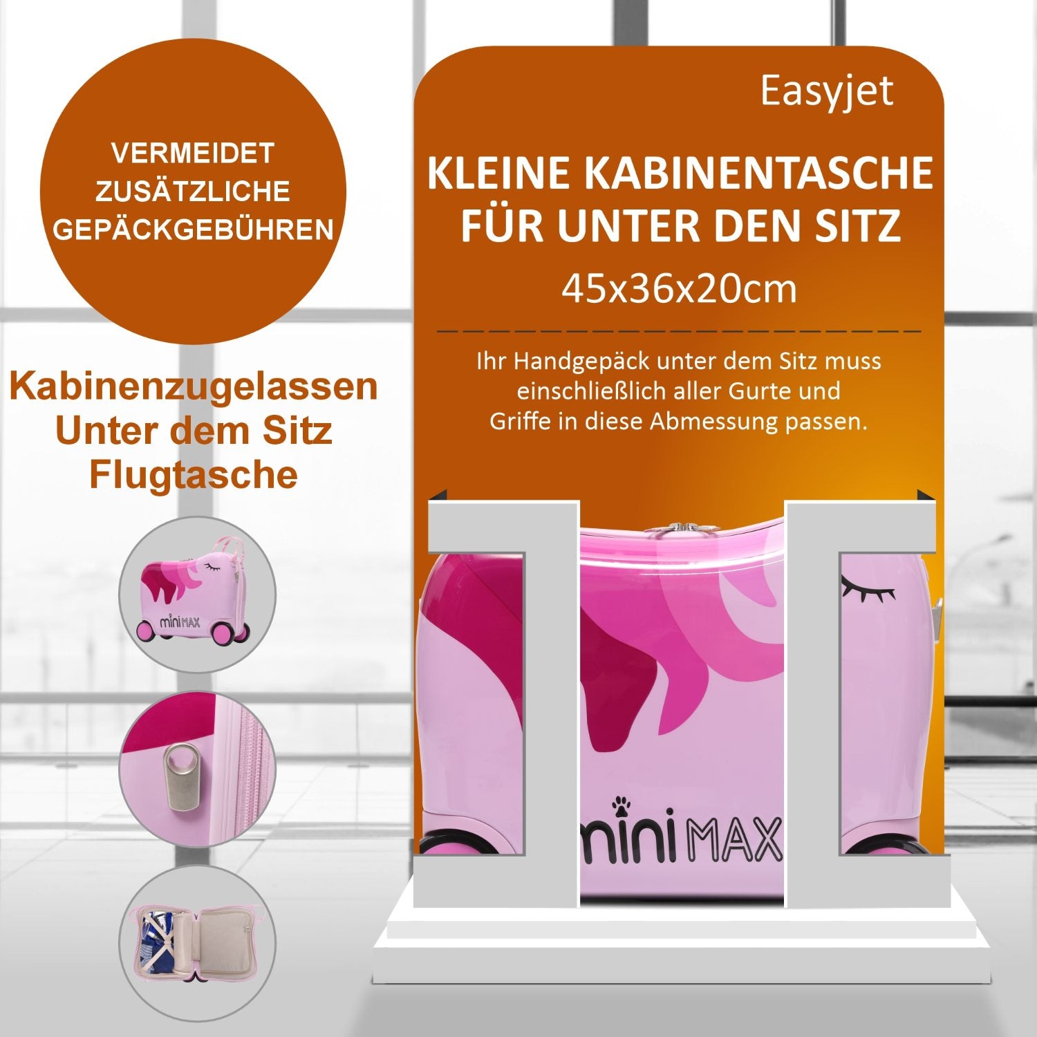 MiniMax Kinder-Ride-On-Koffer 45x36x20cm – Einhorn-Design – 4-teiliges Reiseset mit Kordelzugbeutel, Nackenkissen & 50+ Stickern – EasyJet Max Handgepäckgröße 29L Trolley