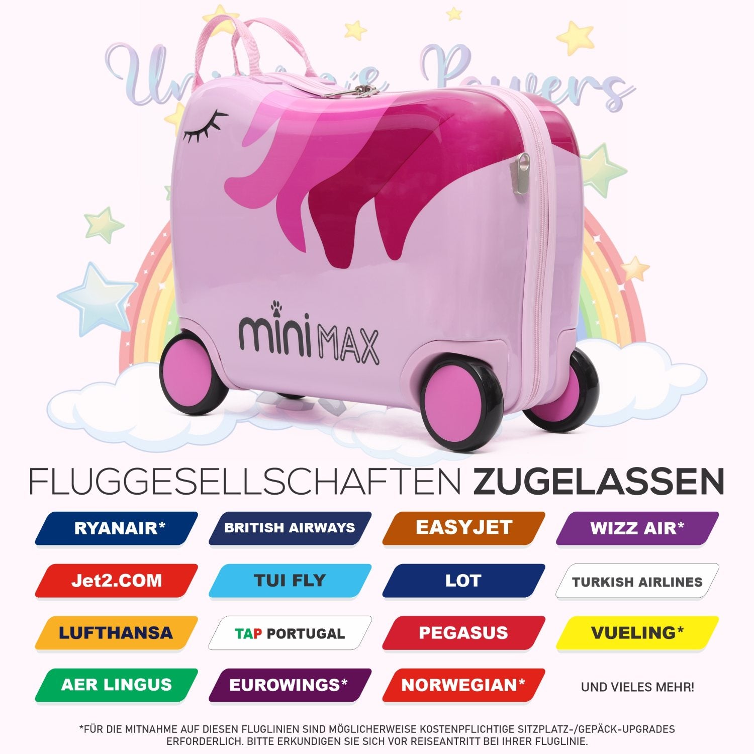 MiniMax Kinder-Ride-On-Koffer 45x36x20cm – Einhorn-Design – 4-teiliges Reiseset mit Kordelzugbeutel, Nackenkissen & 50+ Stickern – EasyJet Max Handgepäckgröße 29L Trolley
