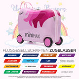 MiniMax Kinder-Ride-On-Koffer 45x36x20cm – Einhorn-Design – 4-teiliges Reiseset mit Kordelzugbeutel, Nackenkissen & 50+ Stickern – EasyJet Max Handgepäckgröße 29L Trolley