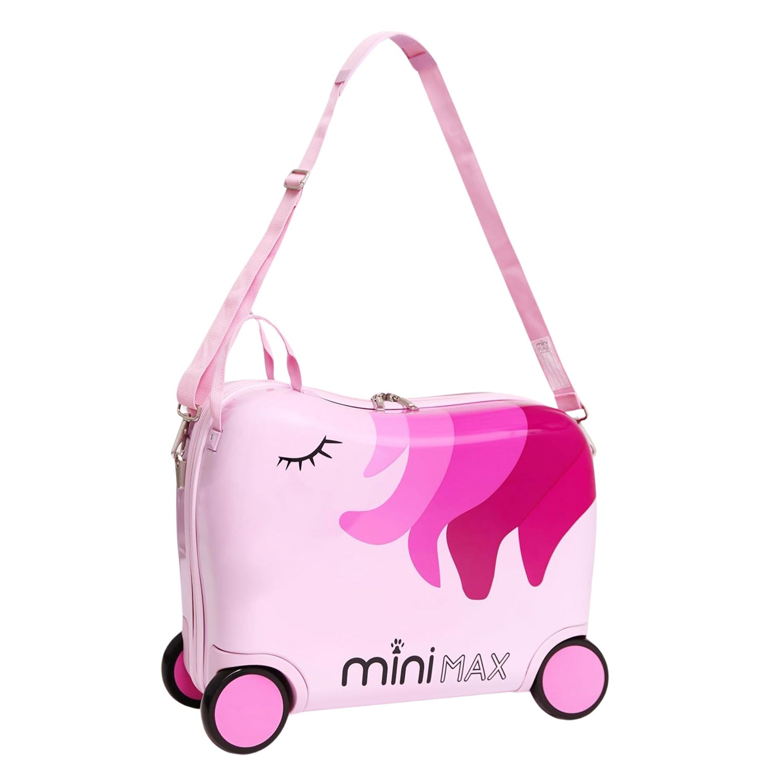 MiniMax Kinder-Ride-On-Koffer 45x36x20cm – Einhorn-Design – 4-teiliges Reiseset mit Kordelzugbeutel, Nackenkissen & 50+ Stickern – EasyJet Max Handgepäckgröße 29L Trolley