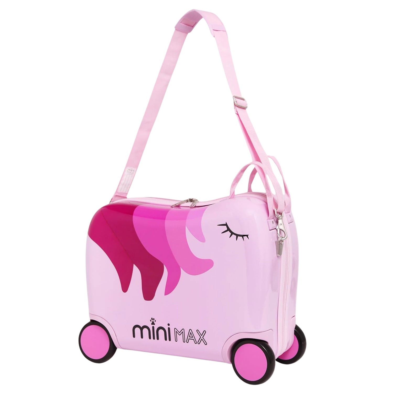MiniMax Kinder-Ride-On-Koffer 45x36x20cm – Einhorn-Design – 4-teiliges Reiseset mit Kordelzugbeutel, Nackenkissen & 50+ Stickern – EasyJet Max Handgepäckgröße 29L Trolley