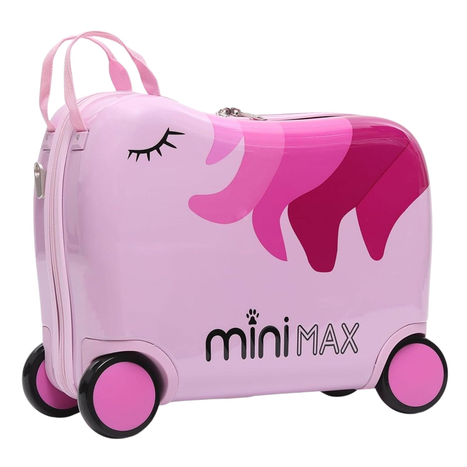 MiniMax Kinder-Ride-On-Koffer 45x36x20cm – Einhorn-Design – 4-teiliges Reiseset mit Kordelzugbeutel, Nackenkissen & 50+ Stickern – EasyJet Max Handgepäckgröße 29L Trolley