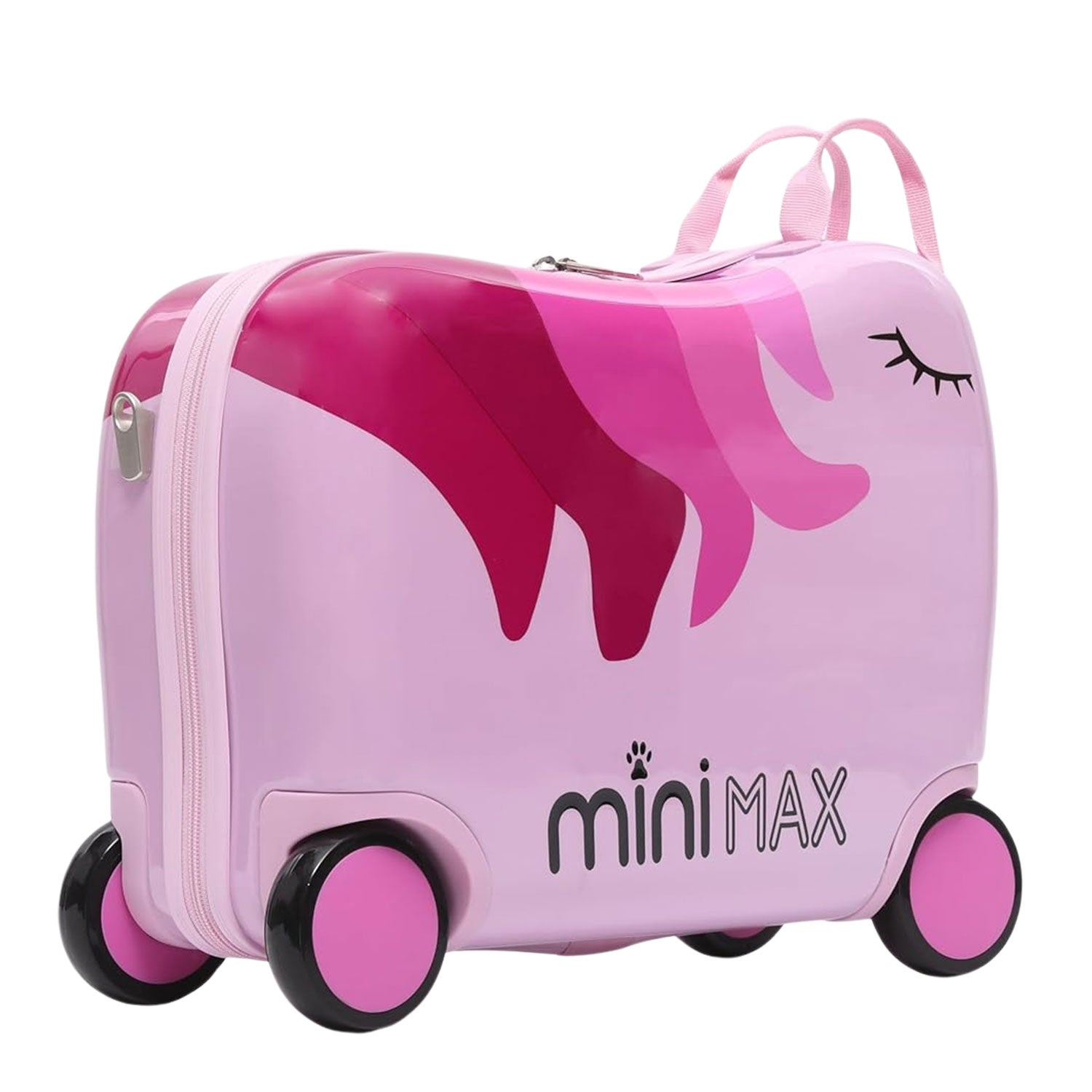 MiniMax Kinder-Ride-On-Koffer 45x36x20cm – Einhorn-Design – 4-teiliges Reiseset mit Kordelzugbeutel, Nackenkissen & 50+ Stickern – EasyJet Max Handgepäckgröße 29L Trolley