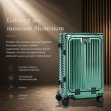 Aerolite M-Lite Premium Kabinenkoffer aus Vollaluminium mit Frontfach für Laptop, TSA-Kofferverschlüssen ohne Reißverschluss, USB-Ladeanschluss, Flaschenhalter & 15 Jahre Garantie – Grün