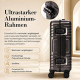 Aerolite M-Lite Kabinenkoffer mit Aluminiumrahmen 55 x 40 x 20 cm, Hinomoto STOP-Rollen, Reißverschlussloses TSA-Verschlusssystem, Frontfach für Laptop, 15 Jahre Garantie – Holzkohle