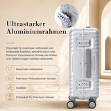 Aerolite M-Lite Kabinenkoffer mit Aluminiumrahmen 55 x 40 x 20 cm, Hinomoto STOP-Rollen, Reißverschlussloses TSA-Verschlusssystem, Frontfach für Laptop, 15 Jahre Garantie – Silber