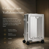 Aerolite M-Lite Premium Kabinenkoffer aus Vollaluminium mit Frontfach für Laptop, TSA-Kofferverschlüssen ohne Reißverschluss, USB-Ladeanschluss, Flaschenhalter & 15 Jahre Garantie – Silber