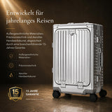 Aerolite M-Lite Premium Kabinenkoffer aus Vollaluminium mit Frontfach für Laptop, TSA-Kofferverschlüssen ohne Reißverschluss, USB-Ladeanschluss, Flaschenhalter & 15 Jahre Garantie – Silber