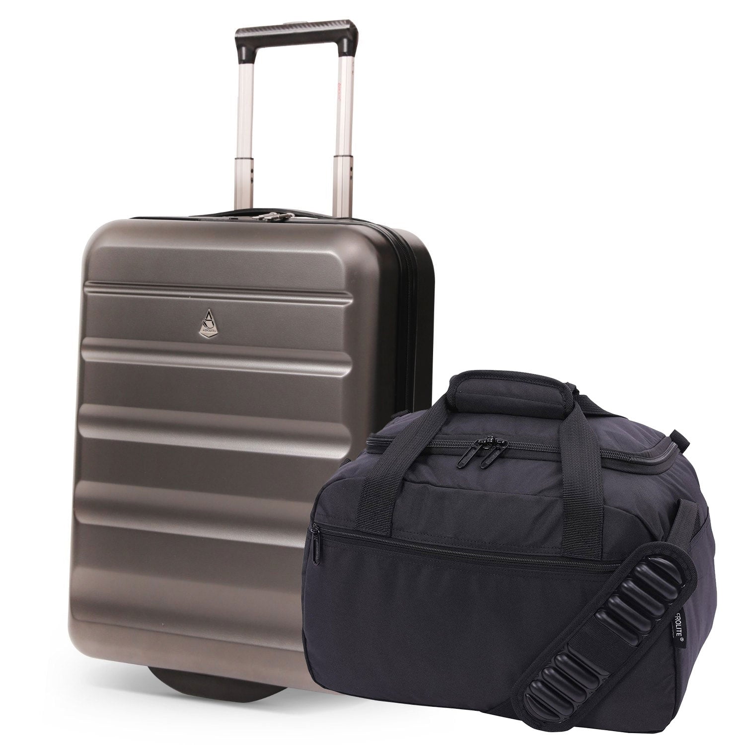 Aerolite Ryanair Priority Max Handgepäck-Set – 55x40x20 cm erweiterbarer Hartschalenkoffer 40–46L + neue Ryanair-Größe 40x30x20 cm Eco-Unter­sitz-Reisetasche 24L (Anthrazit + Schwarz)