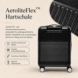 Aerolite FLX Kabinenkoffer mit Frontöffnung 55 x 40 x 20/23 cm, erweiterbares Handgepäck mit Laptopfach, USB-Ladefunktion, TSA-Schloss & leisen Rollen – Schwarz