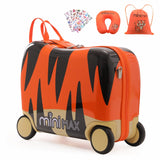 MiniMax 45x36x20cm 29L Kinder-Ride-On-Koffer 4er-Set inkl. Turnbeutel, Nackenkissen & 50+ Personalisierungsaufkleber, EasyJet Max Größe Kinder-Rollkoffer Handgepäck 45x36x20 (Tiger)