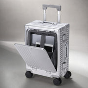 Aerolite M-Lite Premium Kabinenkoffer aus Vollaluminium mit Frontfach für Laptop, TSA-Kofferverschlüssen ohne Reißverschluss, USB-Ladeanschluss, Flaschenhalter & 15 Jahre Garantie – Silber
