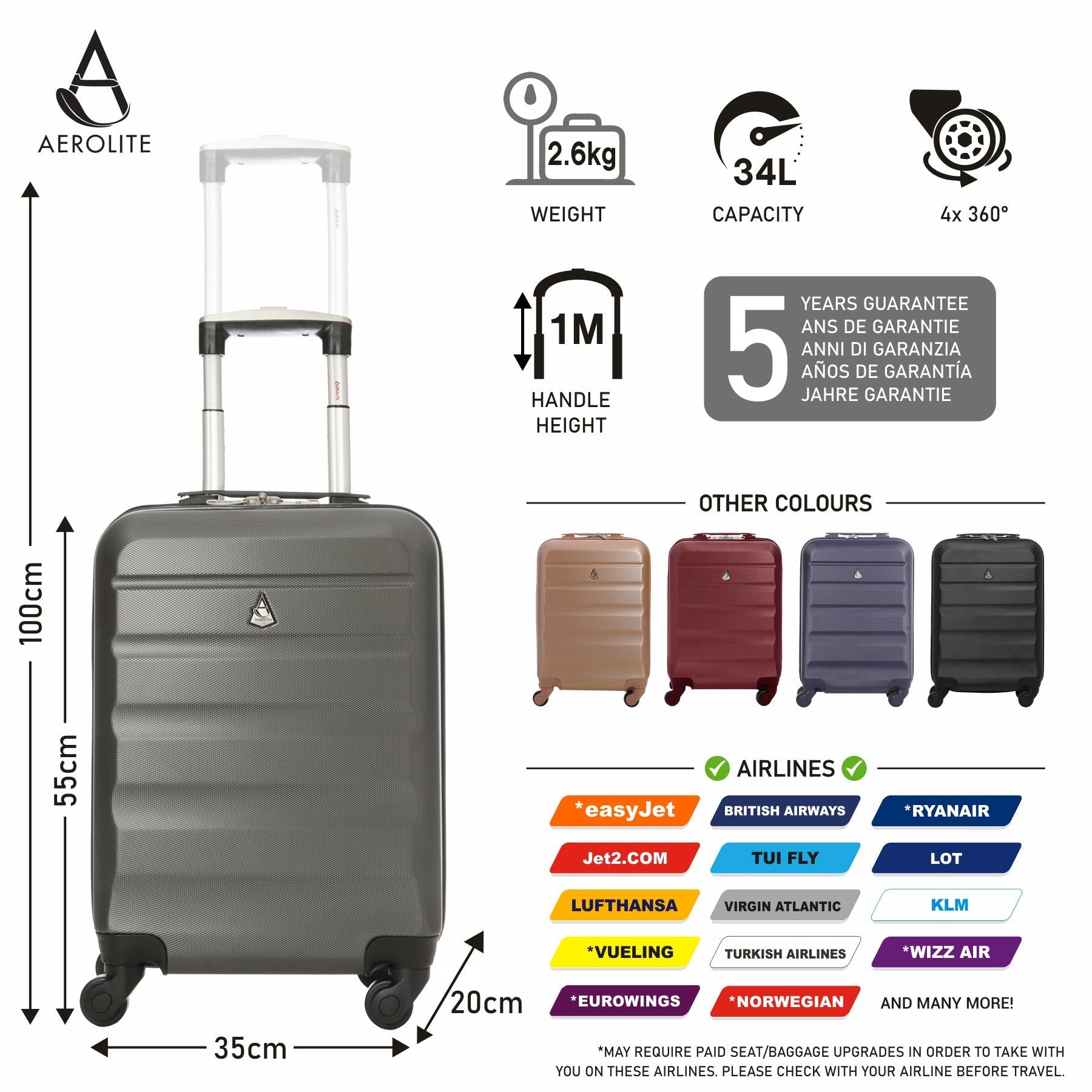 Aerolite Handschalen-Handgepäck-Trolley-Koffer-Set, leichtes ABS (Acrylonitrile Butadiene Styrene), Hartschale, 4-Rad-Trolley-Handgepäck, zugelassen für Lufthansa, Ryanair, Jet2 und viele mehr
