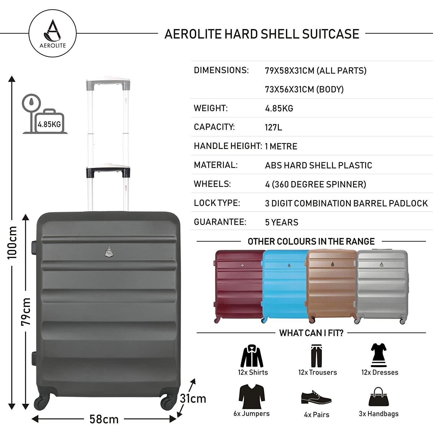 Aerolite XL Große Leichter ABS Hartschale 4 Rollen Trolley Koffer Reisekoffer Hartschalenkoffer Rollkoffer Gepäck, 79cm, Kohlegrau
