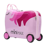 MiniMax Kinder-Ride-On-Koffer 45x36x20cm – Einhorn-Design – 4-teiliges Reiseset mit Turnbeutel, Nackenkissen & 50+ Stickern – EasyJet Max Handgepäckgröße 29L Trolley