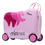 MiniMax Kinder-Ride-On-Koffer 45x36x20cm – Einhorn-Design – 4-teiliges Reiseset mit Turnbeutel, Nackenkissen & 50+ Stickern – EasyJet Max Handgepäckgröße 29L Trolley