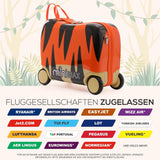 MiniMax 45x36x20cm 29L Kinder-Ride-On-Koffer 4er-Set inkl. Turnbeutel, Nackenkissen & 50+ Personalisierungsaufkleber, EasyJet Max Größe Kinder-Rollkoffer Handgepäck 45x36x20 (Tiger)
